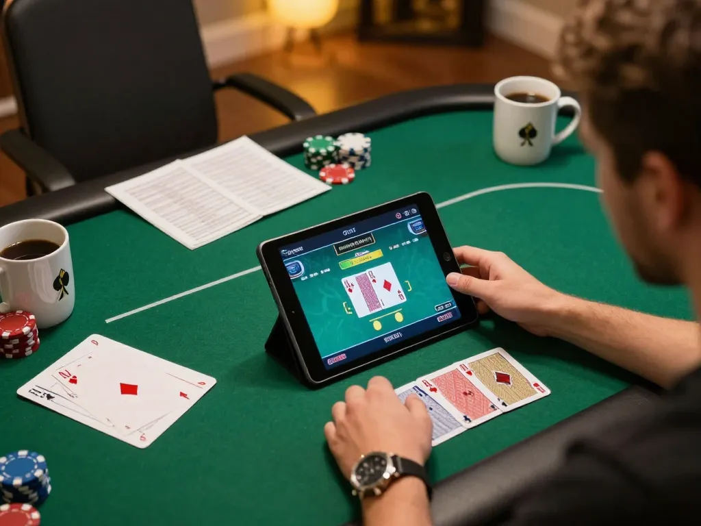 Player engaging in an online casino game on cm88-bet with strategic poker decisions in a cozy setting.