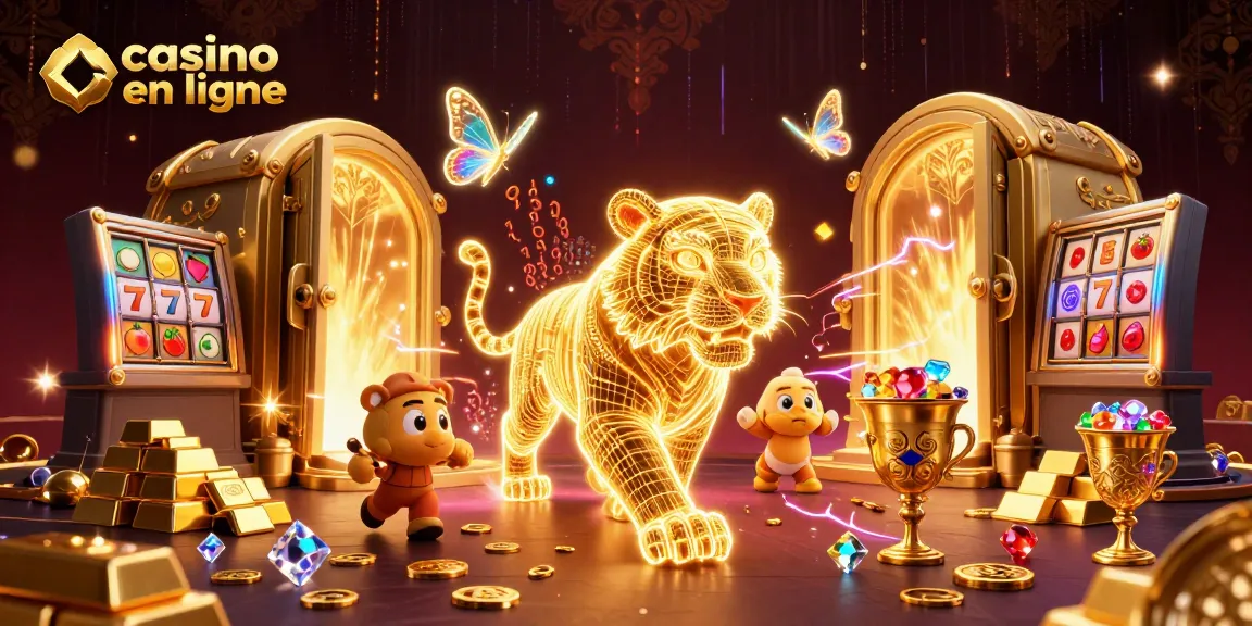 Illustration d'un tigre lumineux au casino en ligne, entouré de trésors scintillants.