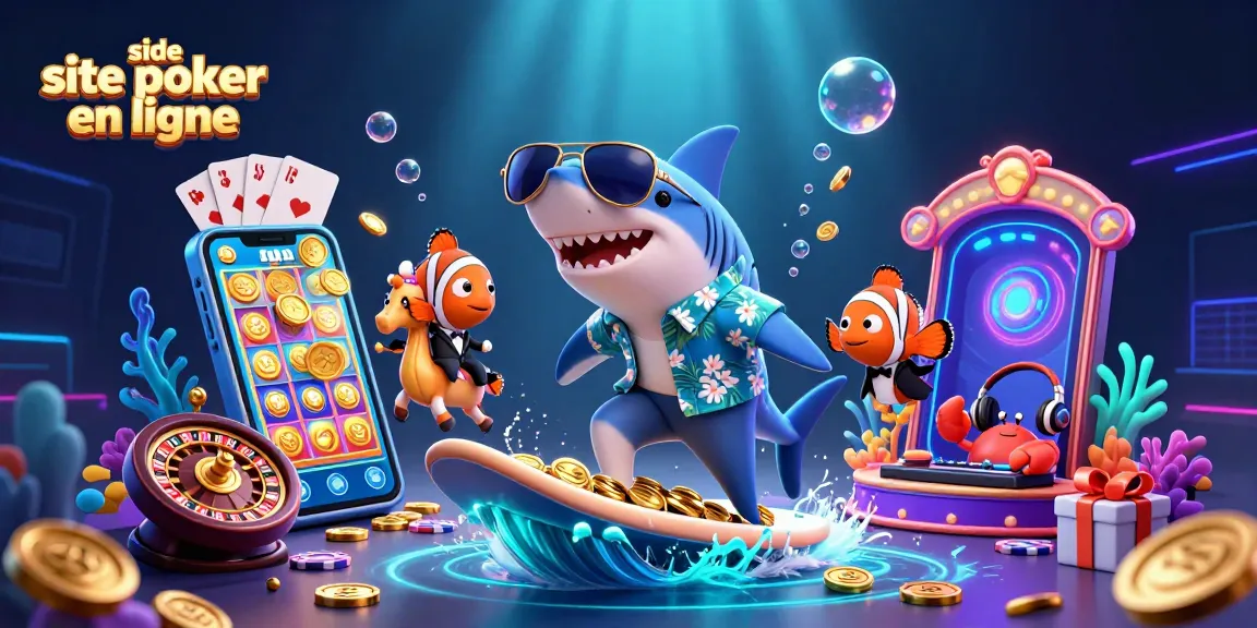 Jouez sur le meilleur site de poker en ligne avec une illustration captivante de personnages animés et d'éléments de jeu.