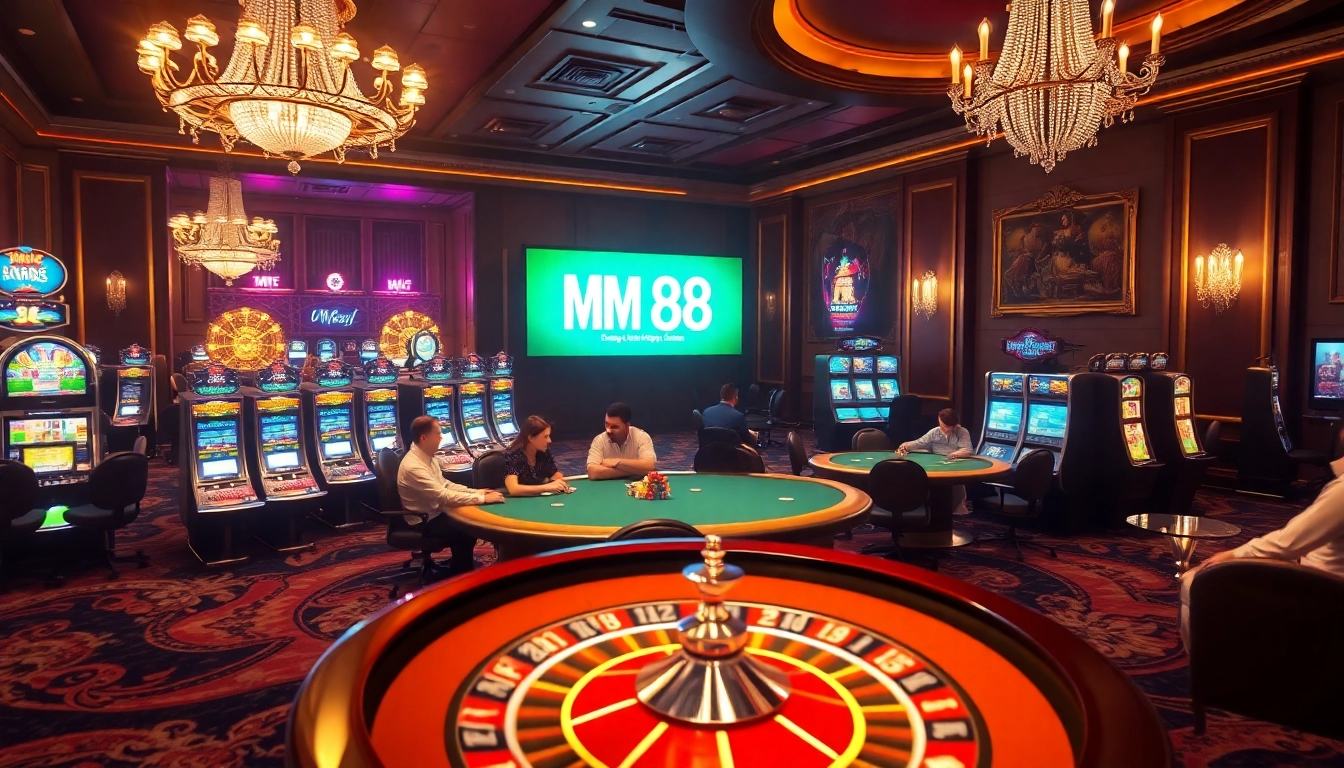Experience the thrill of MM 88 with a vibrant casino scene filled with poker tables and slot machines.