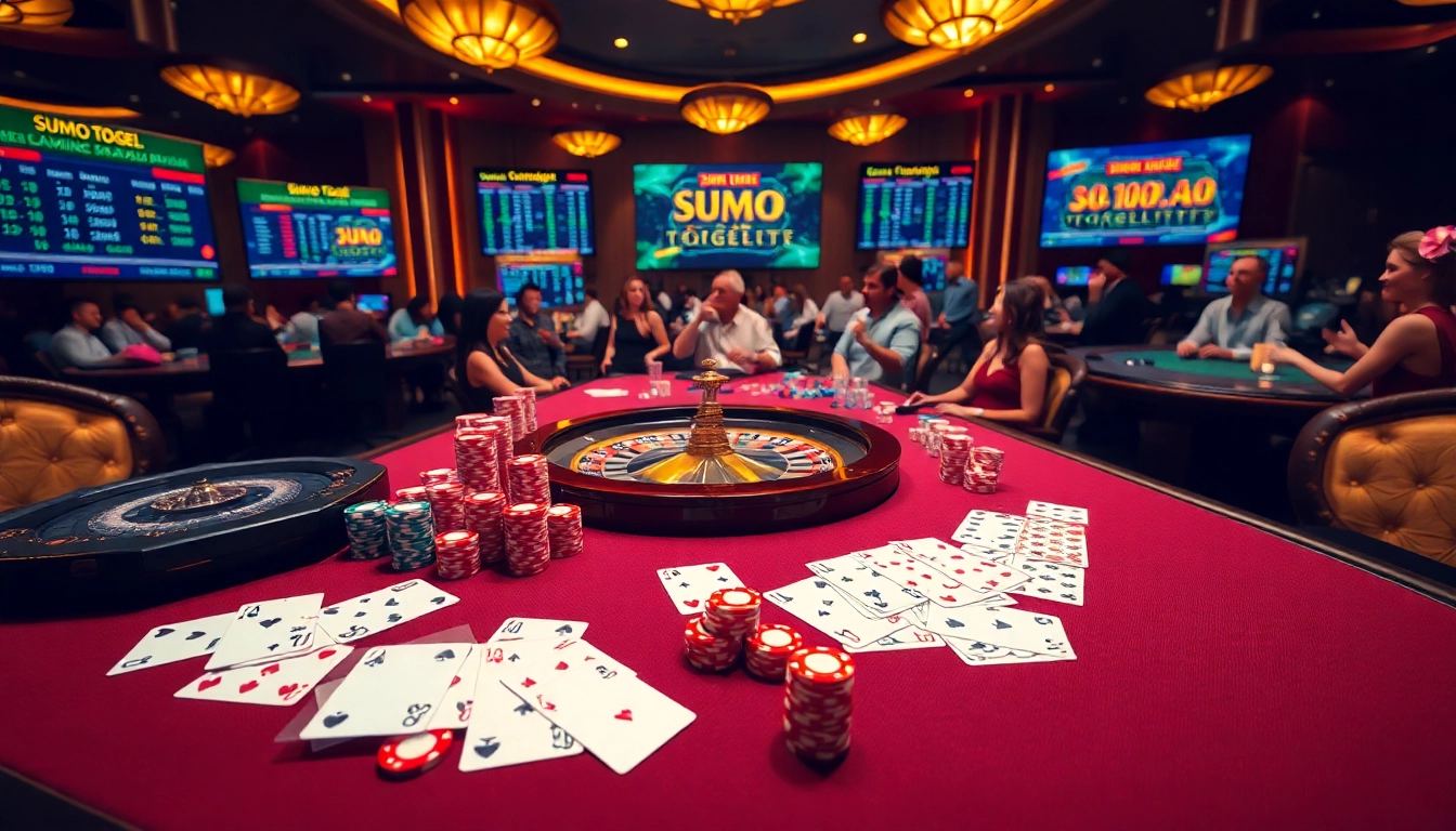 Rasakan permainan yang mendebarkan dengan Sumo Togel di meja kasino yang elegan lengkap dengan chip poker dan permainan.