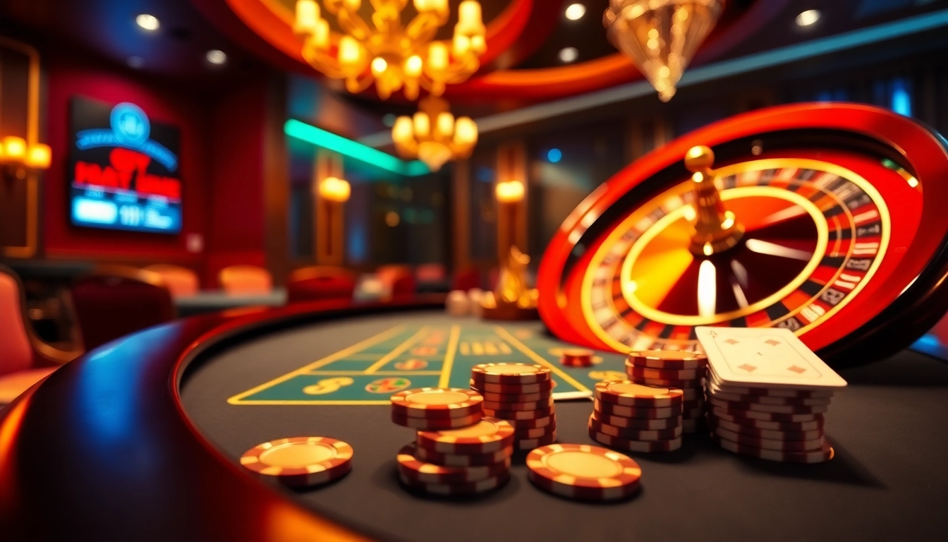 Scène captivante de casino en ligne 2026 avec une roue de roulette et une table de poker pour une expérience de jeu palpitante.