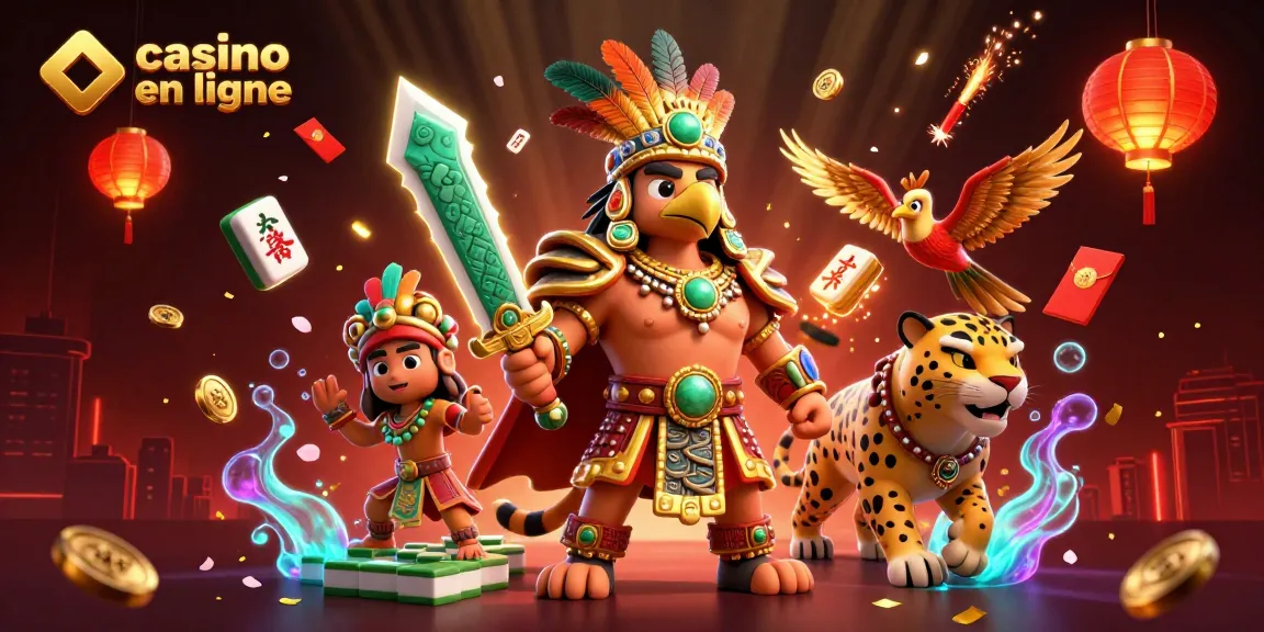 Visualisation captivante de casino en ligne avec un guerrier Aztec et des éléments de jeu fuyants.