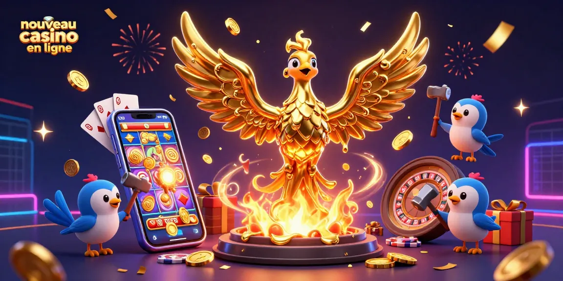 Illustration dynamique de nouveau casino en ligne avec un phoenix doré et des jeux d'argent.