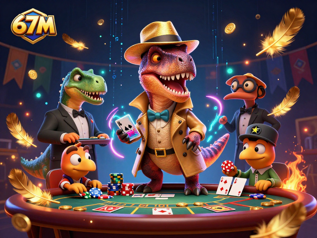 O 67M oferece uma cena vibrante de jogo com um velociraptor jogando poker e um pit boss dinossauro.