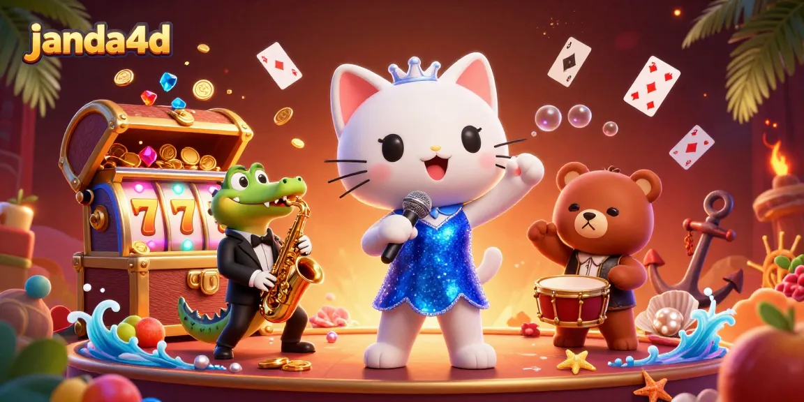 Ikon permainan janda4d menampilkan kucing penyanyi jazz dan karakter lucu lainnya di kasino.