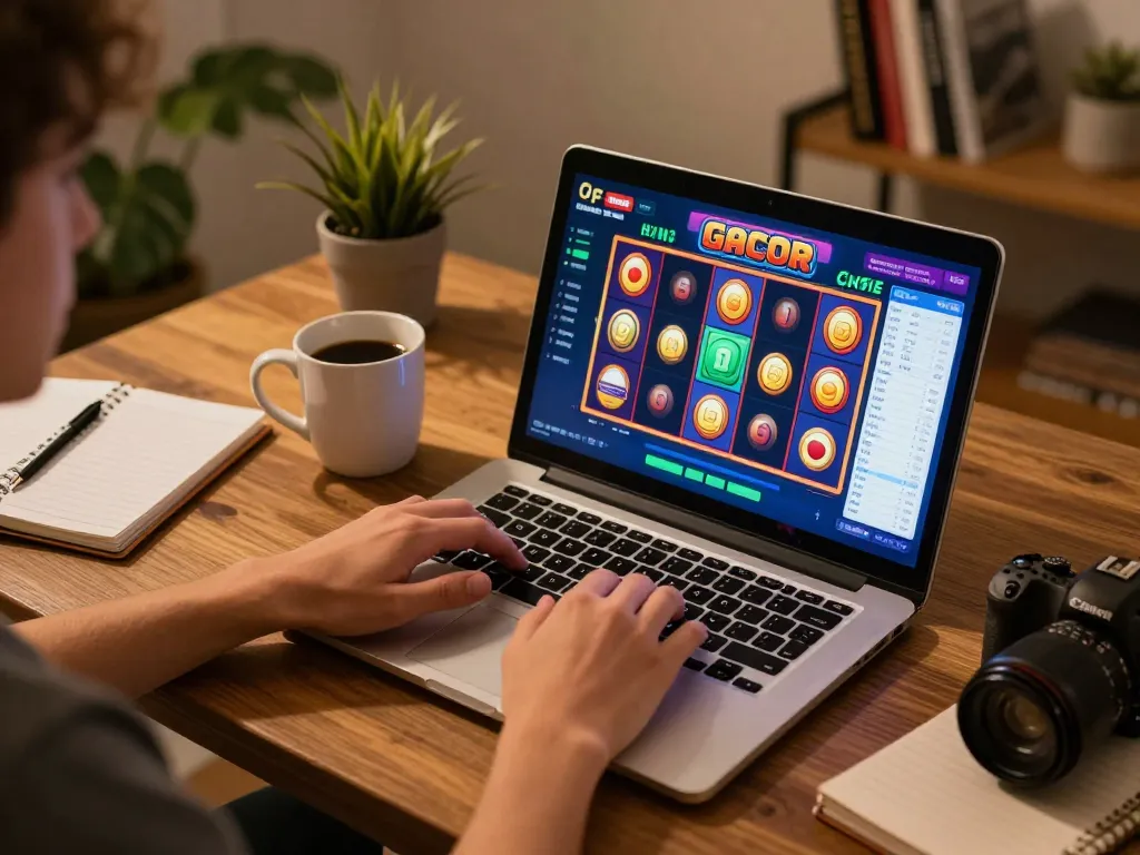 Engaged player spinning a slot gacor machine on a laptop at home with a warm atmosphere