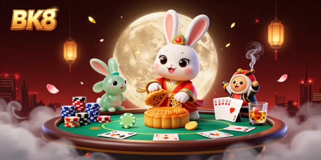 Experience thrilling games at BK8 with our vibrant casino illustration showcasing poker and lunar themes.