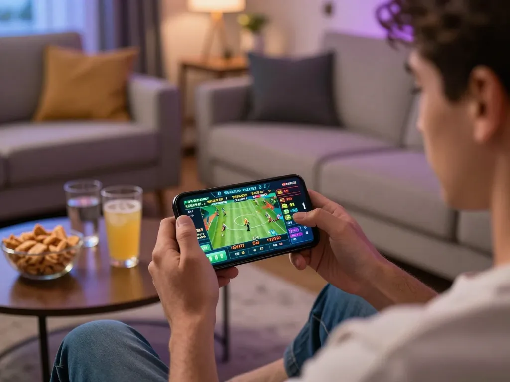 Engaging in online sports betting with fly88 app on smartphone in a cozy home setup.