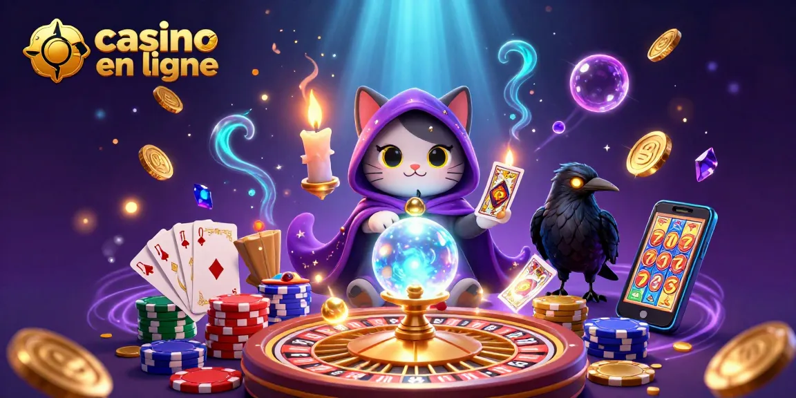 Vivez l'univers captivant du casino en ligne avec une illustration détaillée d'une chatte mystique et des éléments jouables.