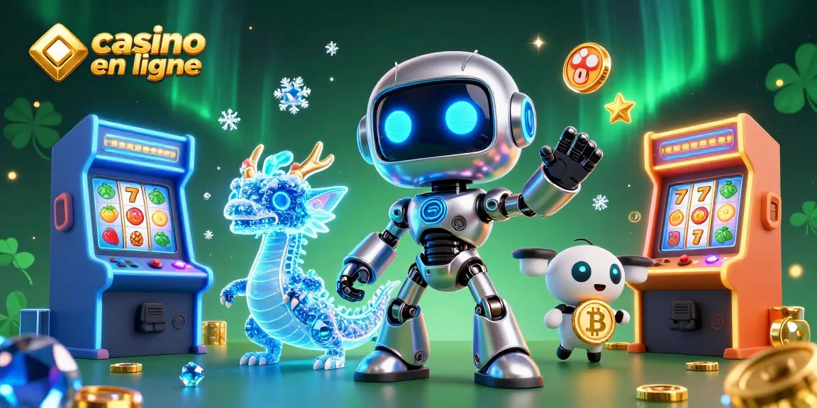 Jouez au casino en ligne dans un univers interactif plein de machines colorées et de personnages numériques.