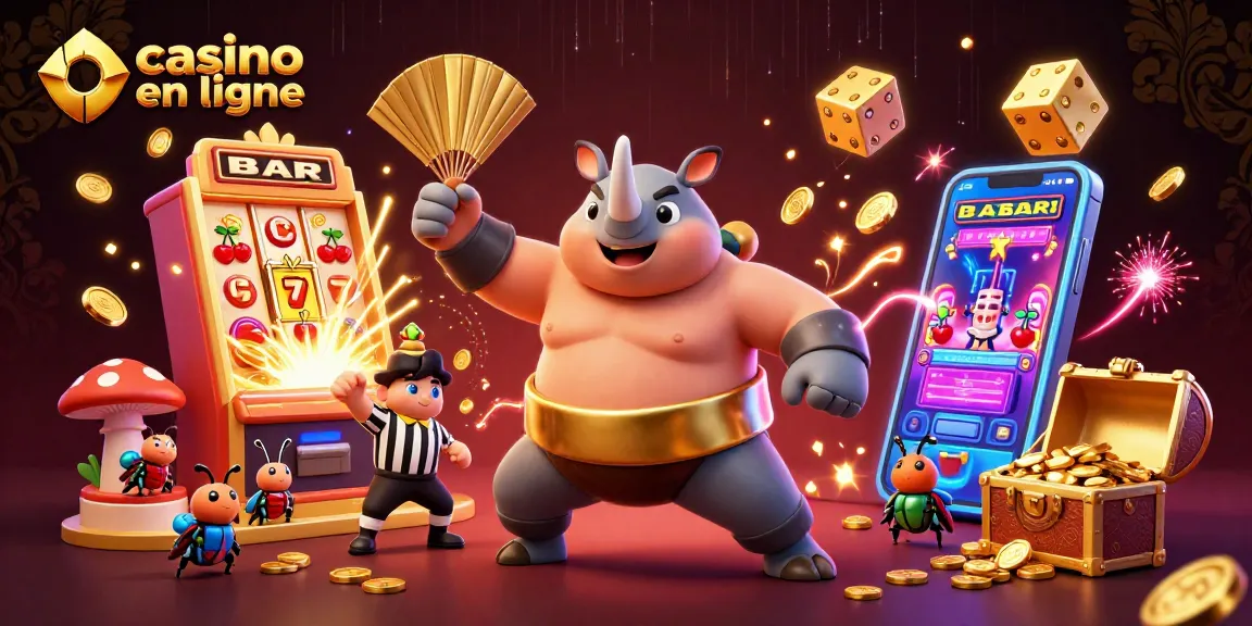 Casino en ligne avec un scarabée rhinocéros sumo entouré de jeux et de pièces d'or