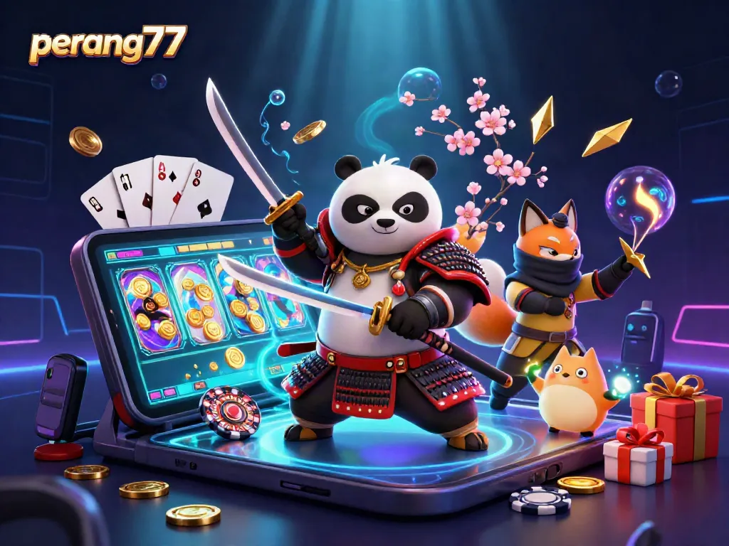 Pola slot gacor malam ini dari perang77 hadir dengan samurai panda 3D keren dan teman-teman, menunjukkan permainan spanduk yang menarik.