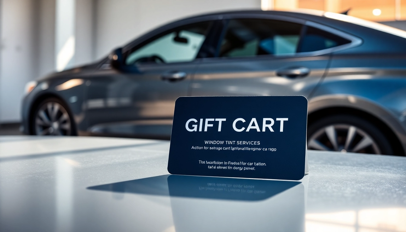 Promote a window tint gift card with a stylish car and well-lit background.