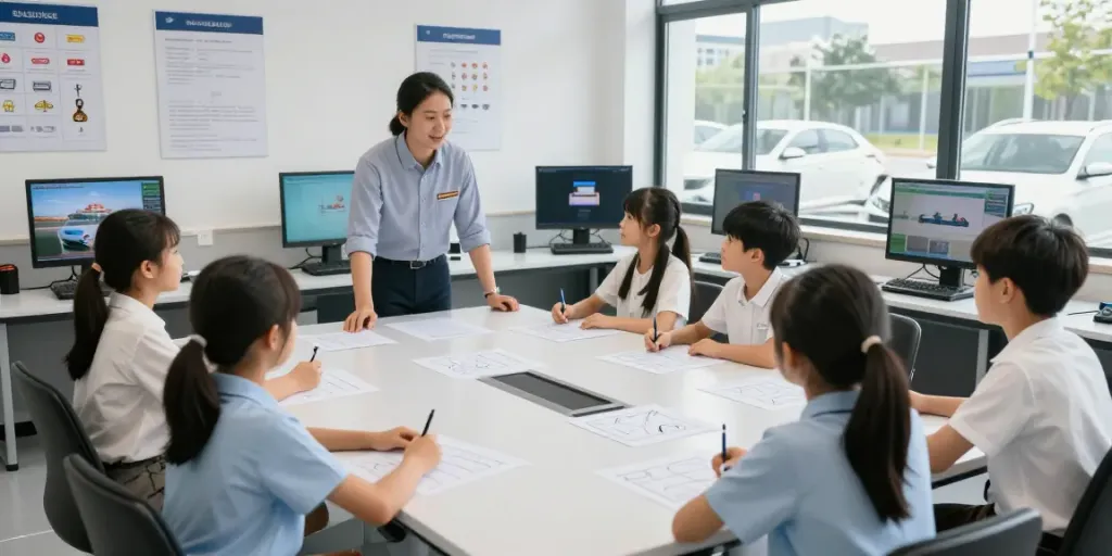Driving school environment showcasing a modern classroom where students learn about scoala auto pret with engaging visuals.