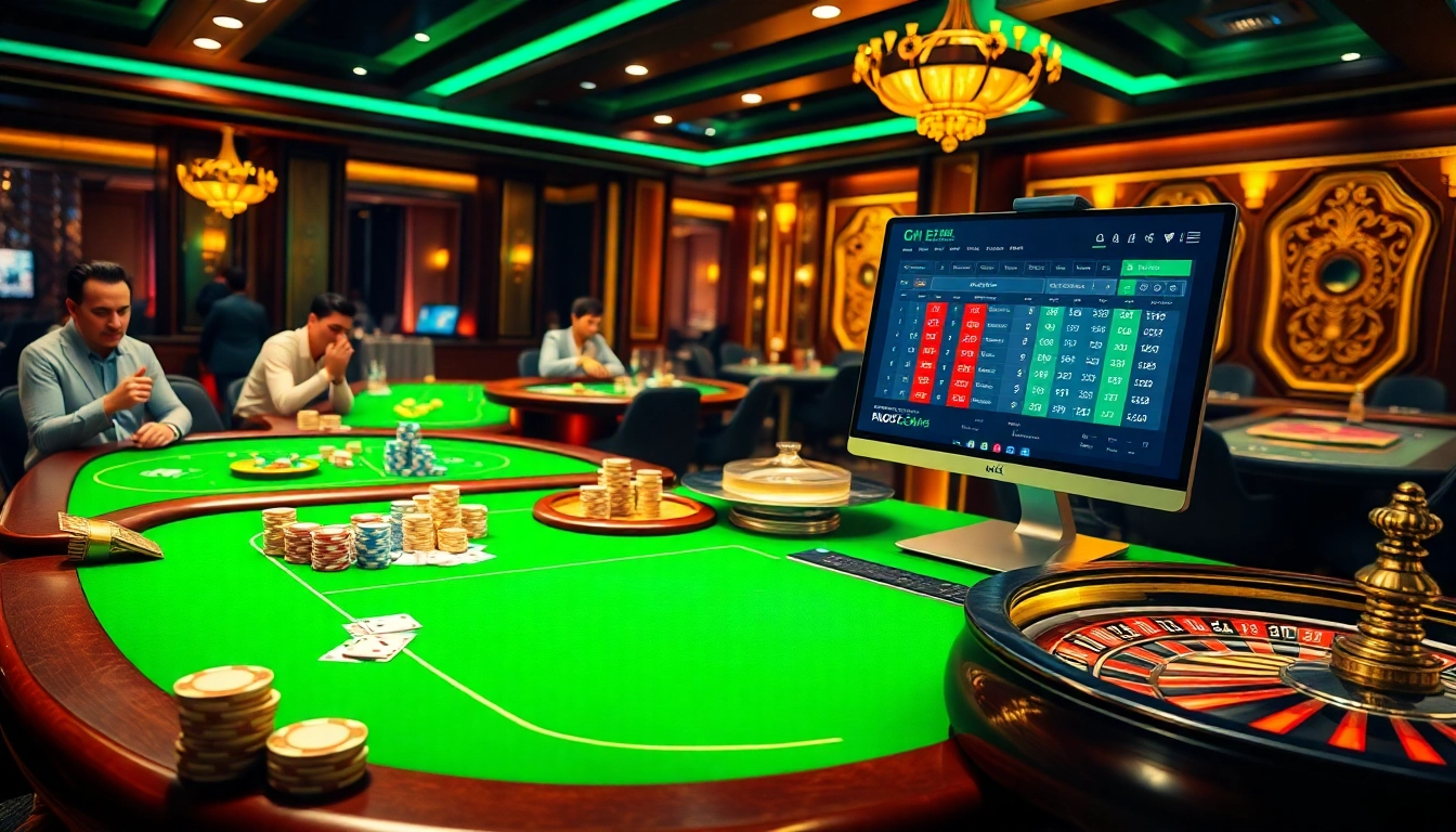 Scène captivante de casino en ligne 2026 avec des joueurs aux tables, des jetons vibrants et une roue de roulette lumineuse.