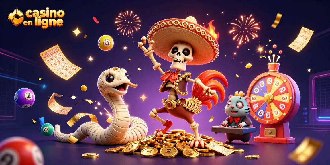 Illustration festive de casino en ligne avec un mariachi dansant sur des pièces d'or, accompagnés d'une serpente momie.