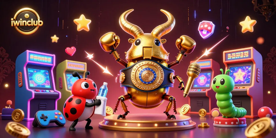 Play exciting games at iwinclub with a vibrant 3D casino illustration featuring engaging characters.