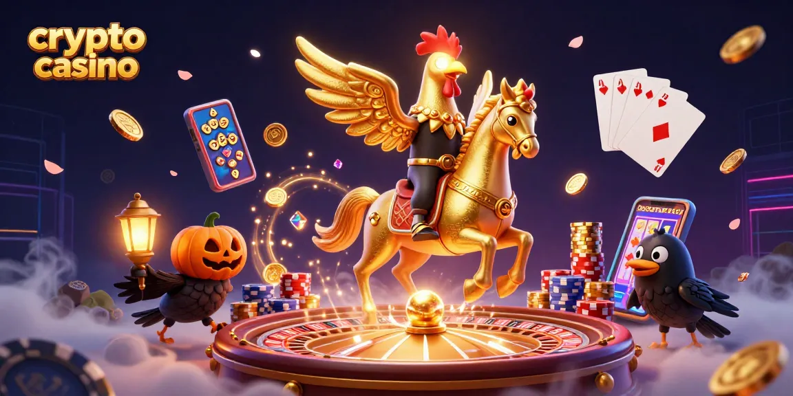 Dans ce casino crypto, un coq doré monte un cheval spectral, illuminé par des cimes de lanternes dorées.