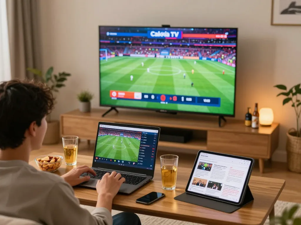 Cakhia TV streaming setup featuring live football action, snacks, and betting insights in a cozy home environment.