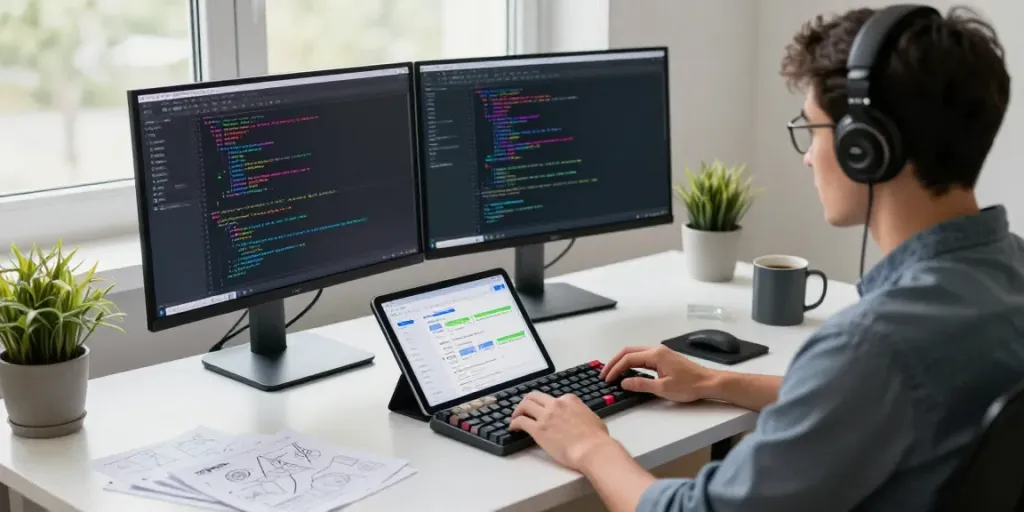 Developer using a notepad code editor in a modern workspace.