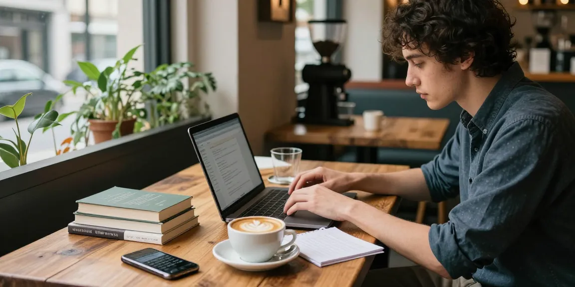 More from our blog showcased in a cozy coffee shop scene with a content creator writing and a latte beside them.