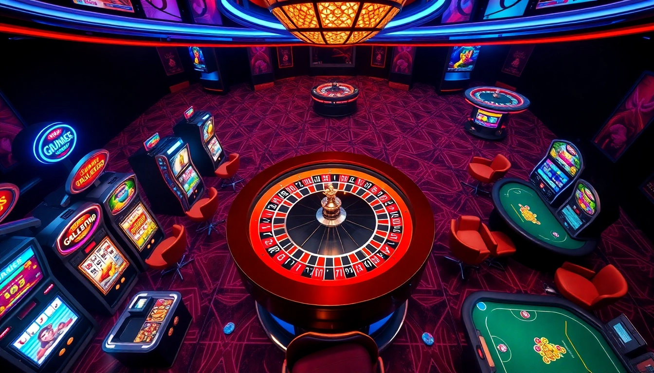 Une scène dynamique de jeu en ligne mettant en avant casino en ligne 2026 avec des roulettes vibrantes et des machines à sous.
