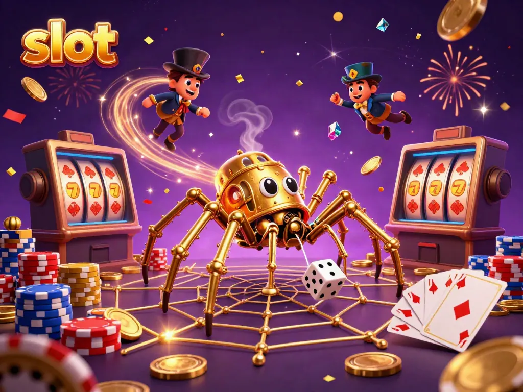 Slot mesin menang dengan laba-laba kartun dan efek merasa terpesona di antara elemen kasino.