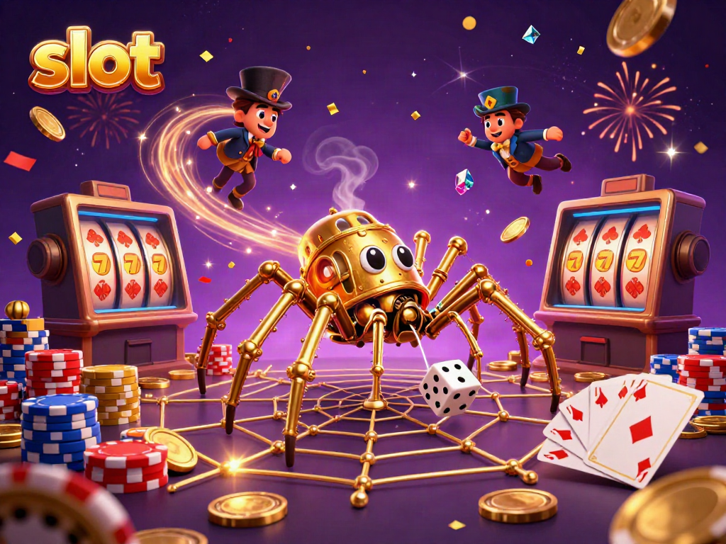 Slot mesin menang dengan laba-laba kartun dan efek merasa terpesona di antara elemen kasino.