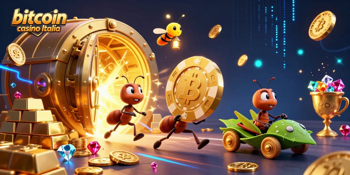Formiche che fuggono con una chip da poker in un bitcoin casino Italia, circondate da tesori luminosi.