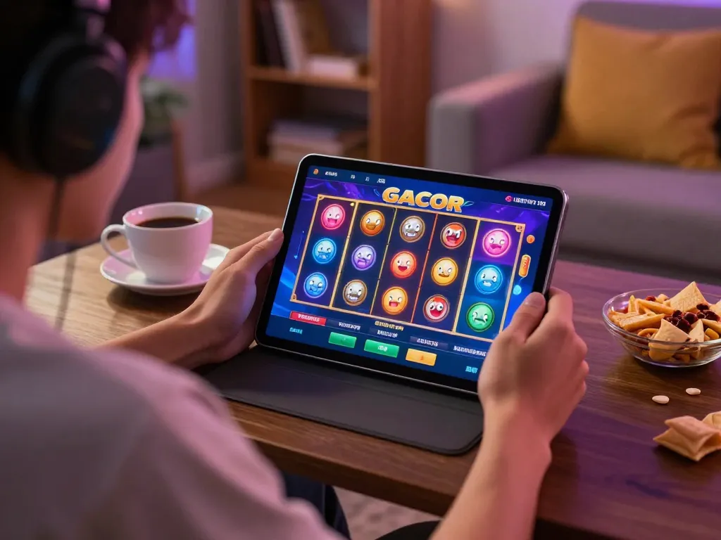 Engaging session of slot gacor gameplay on a tablet in a cozy home setting, showcasing excitement and strategy