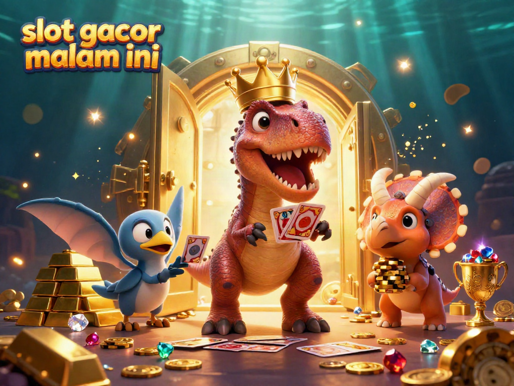 Karakter slot gacor malam ini beraksi dengan dinosaur dan harta karun berkilauan.