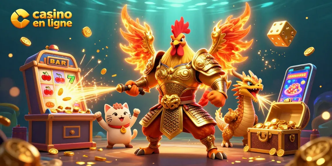 Découvrez un combat de casino en ligne avec un guerrier coq et un dragon, jouant et célébrant.