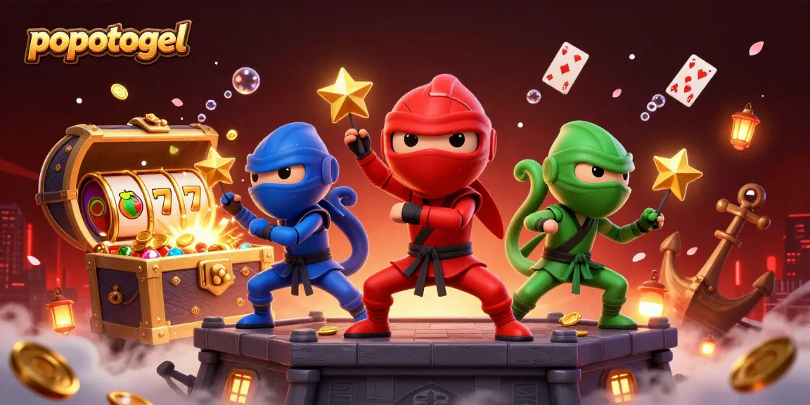 Experience the excitement of popotogel gaming with colorful ninja chameleons and slot machines.