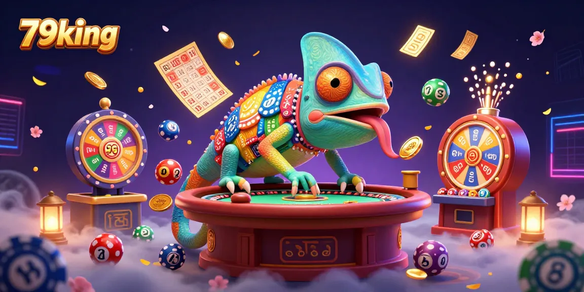 Experience the thrilling energy of 79king with a vibrant chameleon casino owner amidst colorful lottery elements.