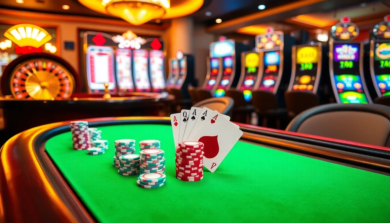 Scène engageante de casino en ligne 2026 présentant des jetons de poker et des cartes vibrants sur une table élégante.