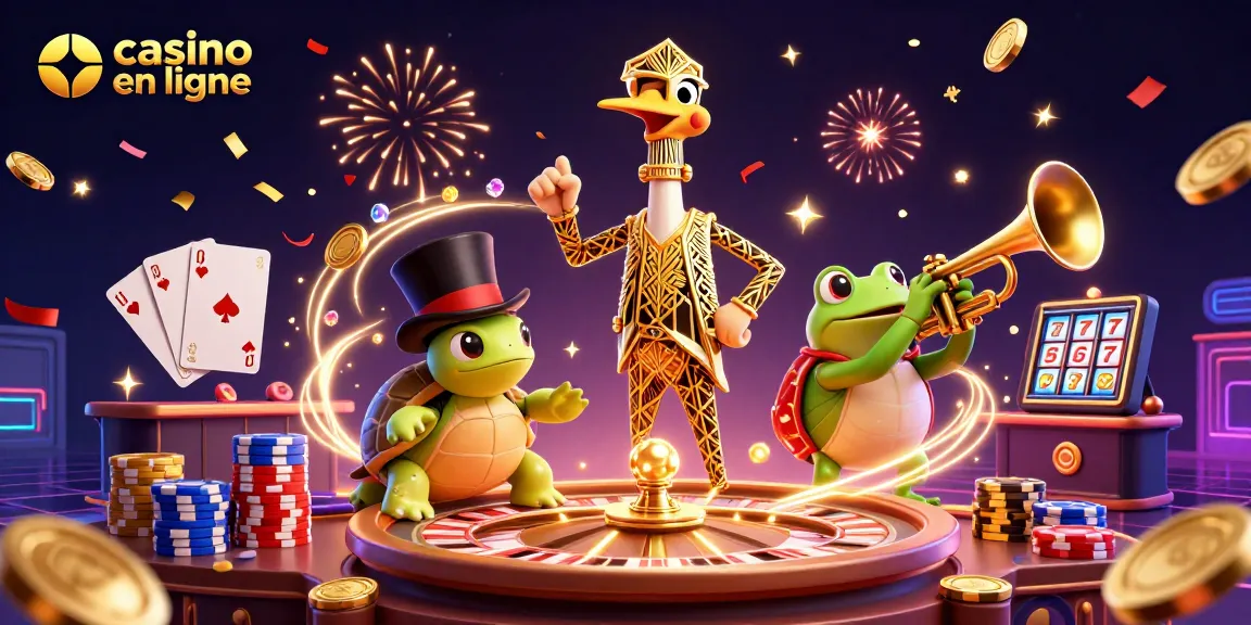 Illustration dynamique de casino en ligne avec des personnages 3D, jeux de casino et effets scintillants.