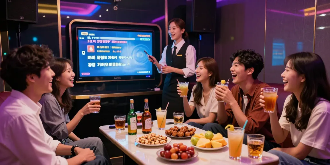 Enjoying a night out at 강남 가라오케 with friends in a vibrant lounge setting.