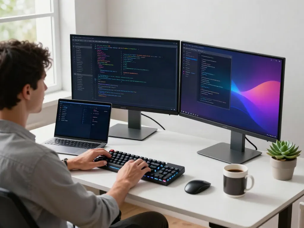 Developer using v2rayN on dual monitors in a modern workspace