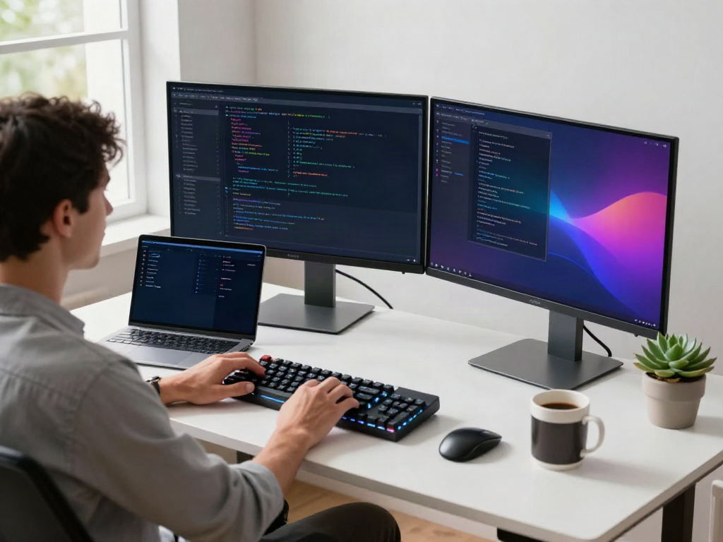 Developer using v2rayN on dual monitors in a modern workspace