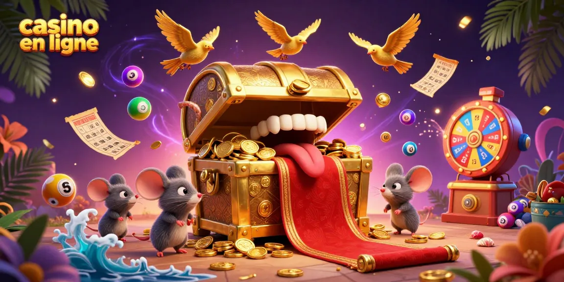 Découvrez une scène magique de casino en ligne avec un coffre au trésor attirant des souris aventurières.