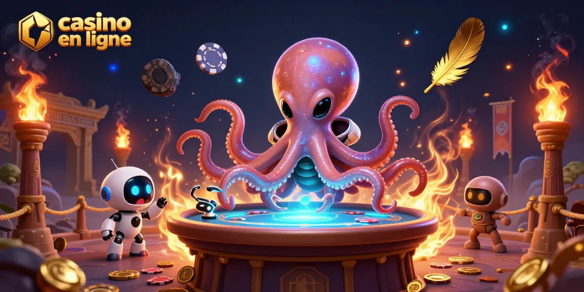 Plongée dans l'univers des jeux avec un octopus et un robot à une table de poker de casino en ligne.