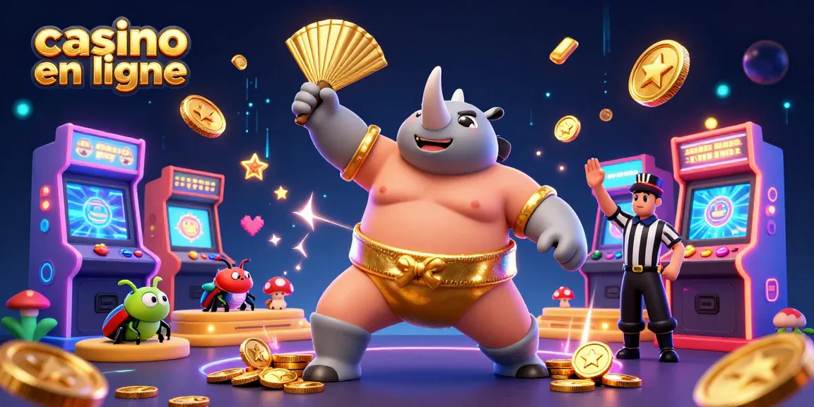 Plongez dans le monde du casino en ligne avec ce combat épique entre un rhinocéros sumo et un arbitre, entouré de machines à sous colorées.