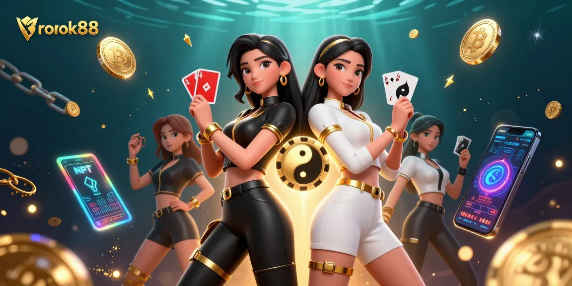 Play winning hands with rokok88's captivating casino scene showcasing twin Asian women in dynamic poses.