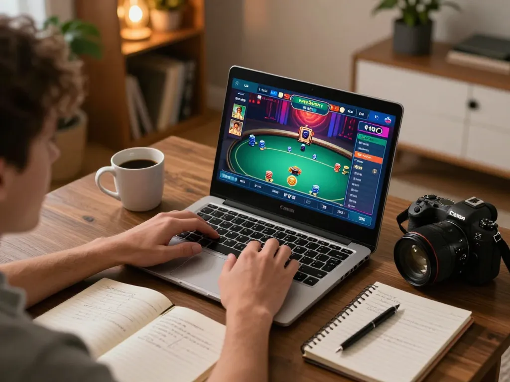 Player strategizing for 99win poker game on laptop in cozy home setting