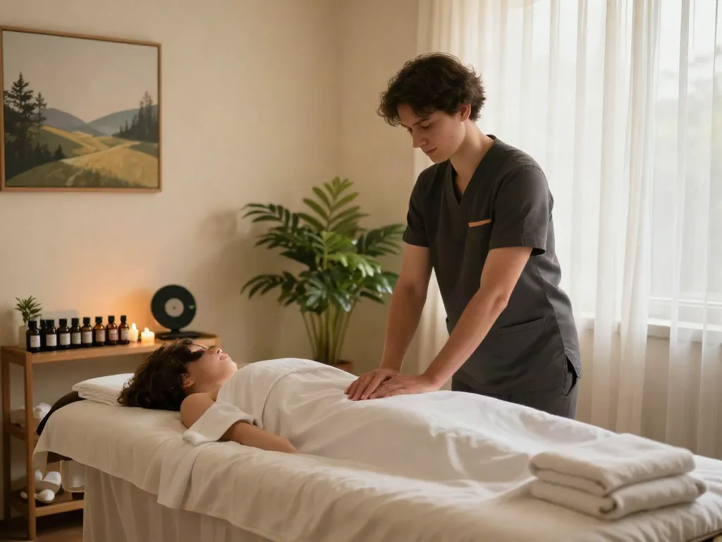 Relaxing 노원출장마사지 therapy room with calming atmosphere and essential oils.