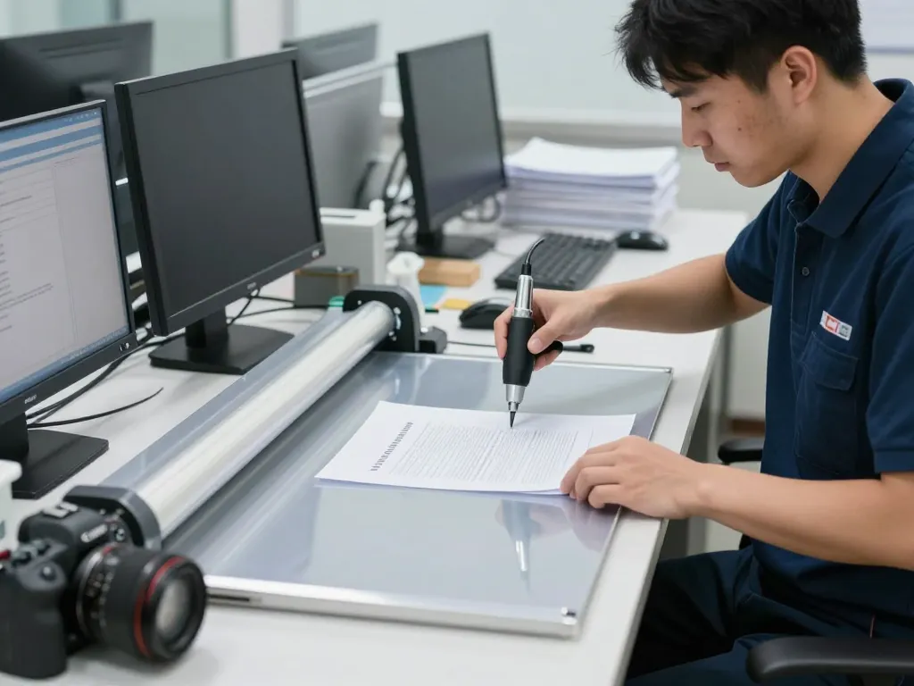 Kỹ thuật viên dịch vụ bóc ép plastic chuyên nghiệp an toàn loại bỏ tài liệu đã được dán laminate trong một không gian làm việc hiện đại.