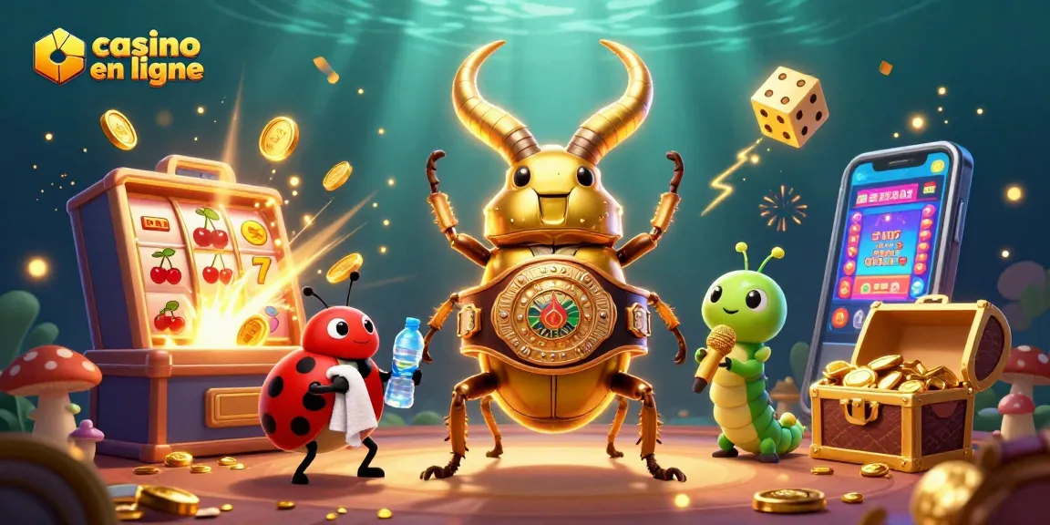 Illustration dynamique illustrant un casino en ligne avec un scarabée doré, une coccinelle et un ver, entourés de machines à sous.