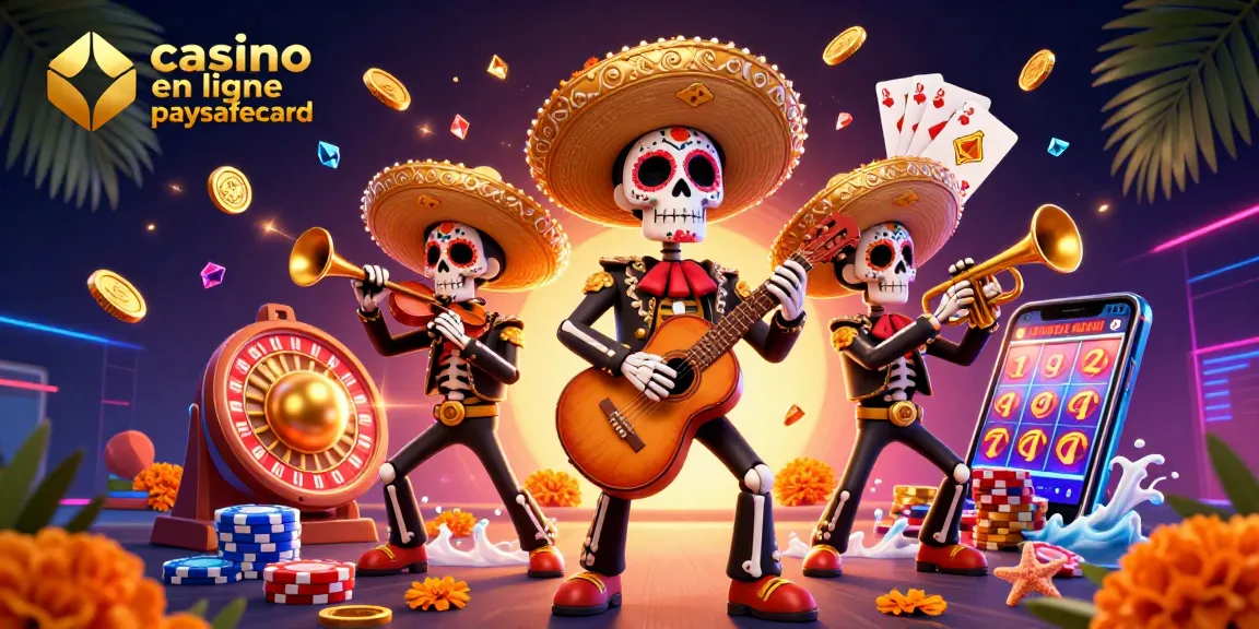 Casino en ligne paysafecard : Illustration dynamique d'une scène de casino avec des personnages festifs et des éléments de jeu.