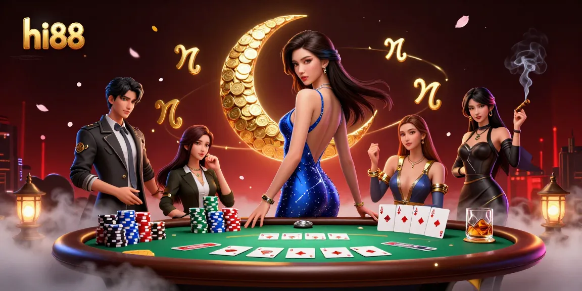 Experience the thrill of hi88 with a stunning poker scene featuring an elegant Asian woman and vibrant gaming elements.
